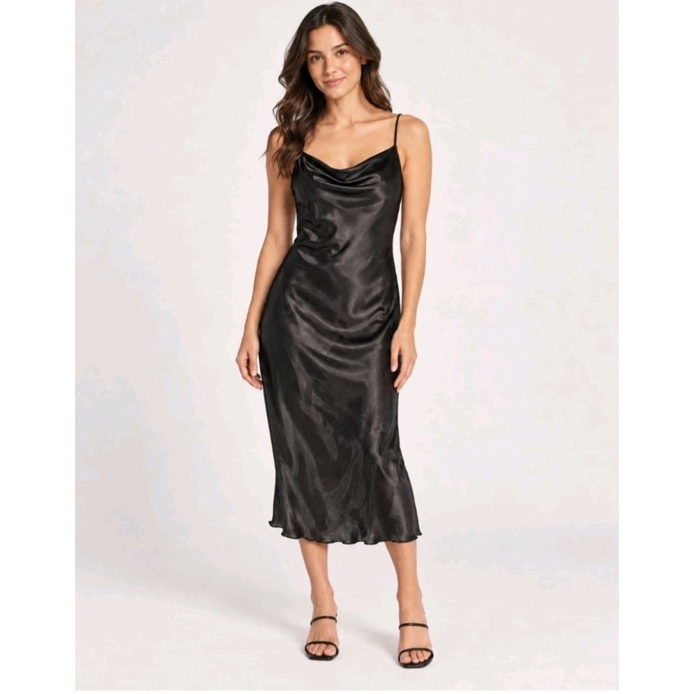 Vintage Womens Bebe Black Satin Cowl Neck Slip Dress Size M Made in USA Y2K Midi